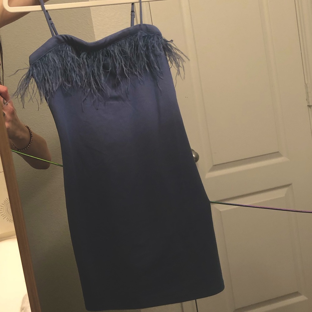 Feather detail blue mini dress